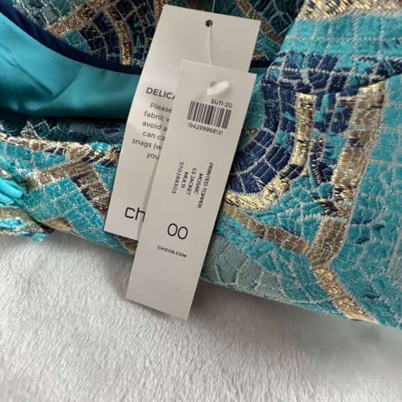 Chico’s Women's Turquoise Multicolor Mosaic Printed Topper Jacket Size 00 New - Picture 3 of 8